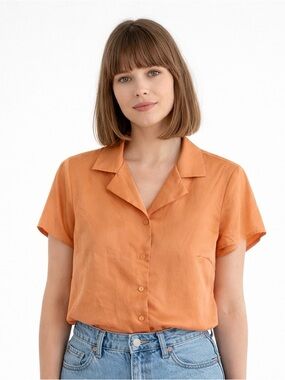 Orange Satin Short Sleeve Shirt Size 12 Button Down